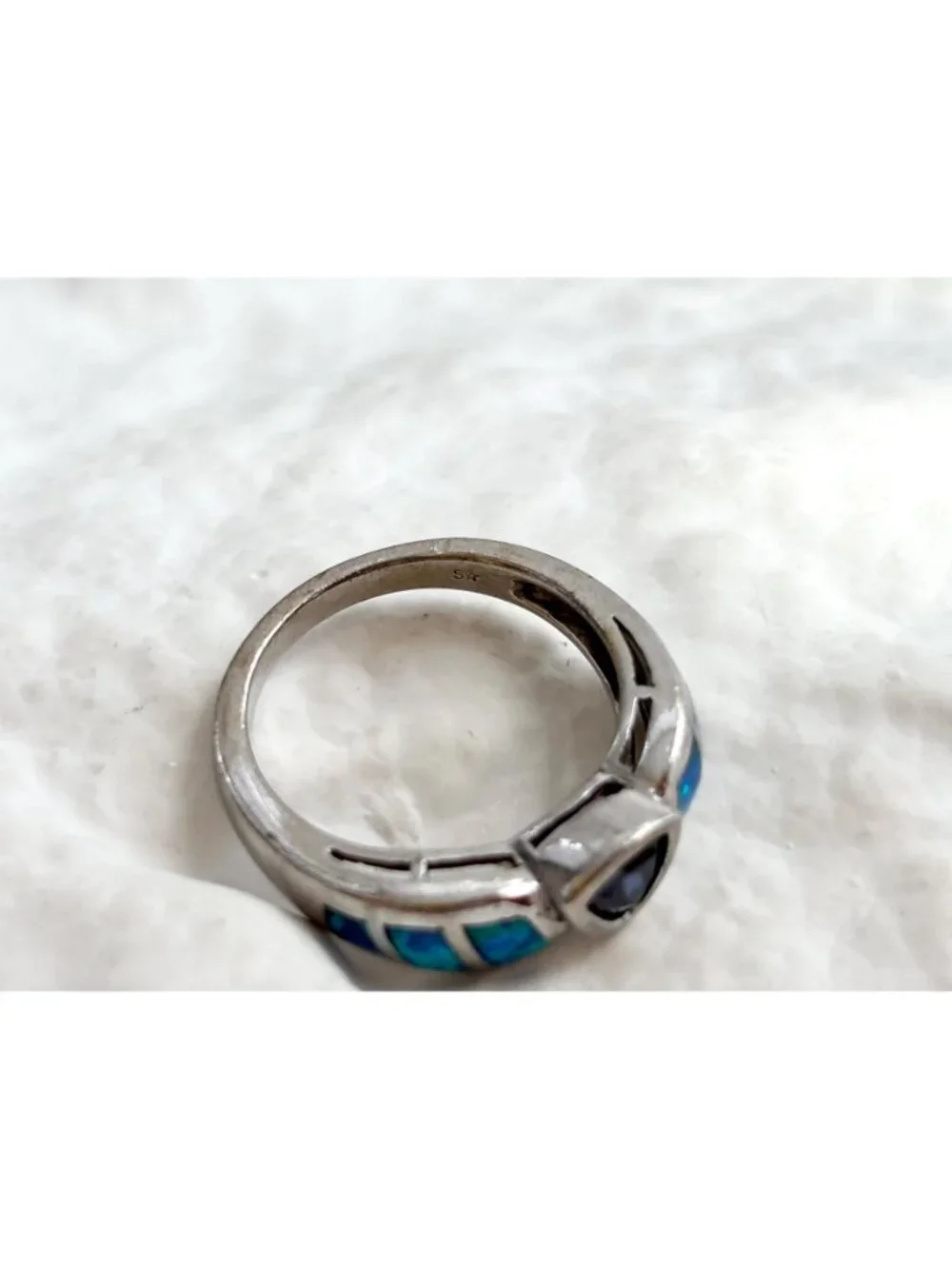 Tanzanite & Opal Framed Gemstone Sterling Silver 925 Vintage Ring - sz 7.25